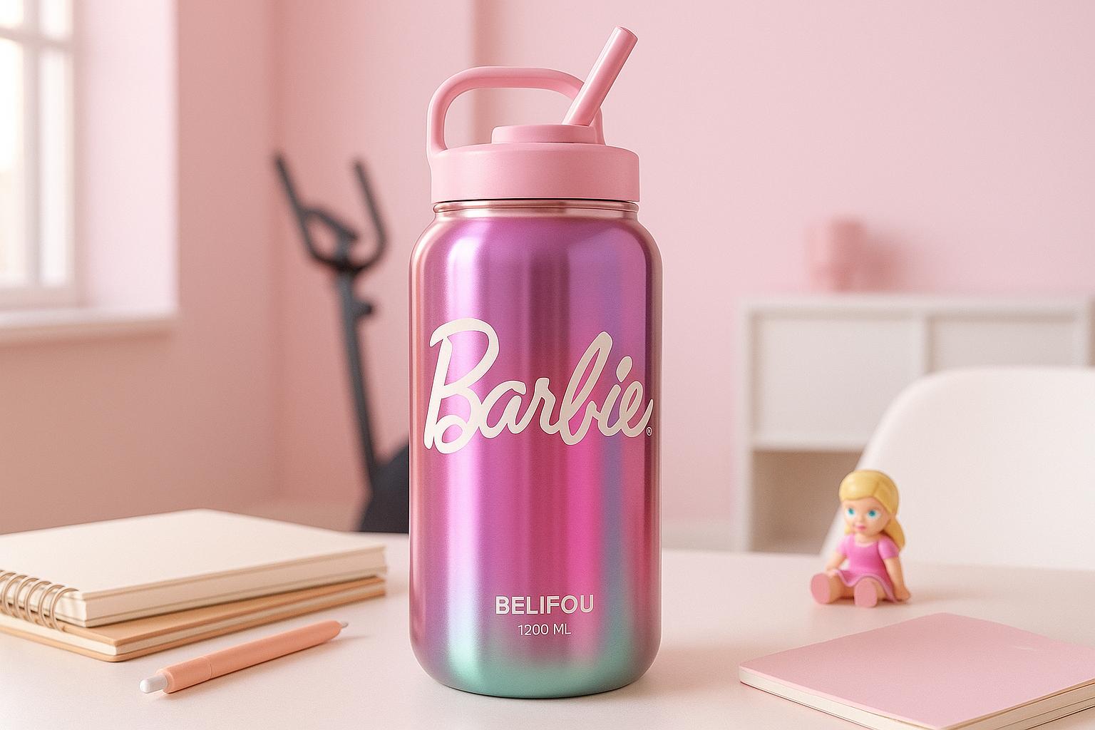 Belifou Garrafa Térmica Copo Barbie 1200ml Inox mantém suas bebidas quentes por 12h e frias por 24h, unindo estilo, durabilidade e praticidade. (imagem gerada com inteligência artificial)