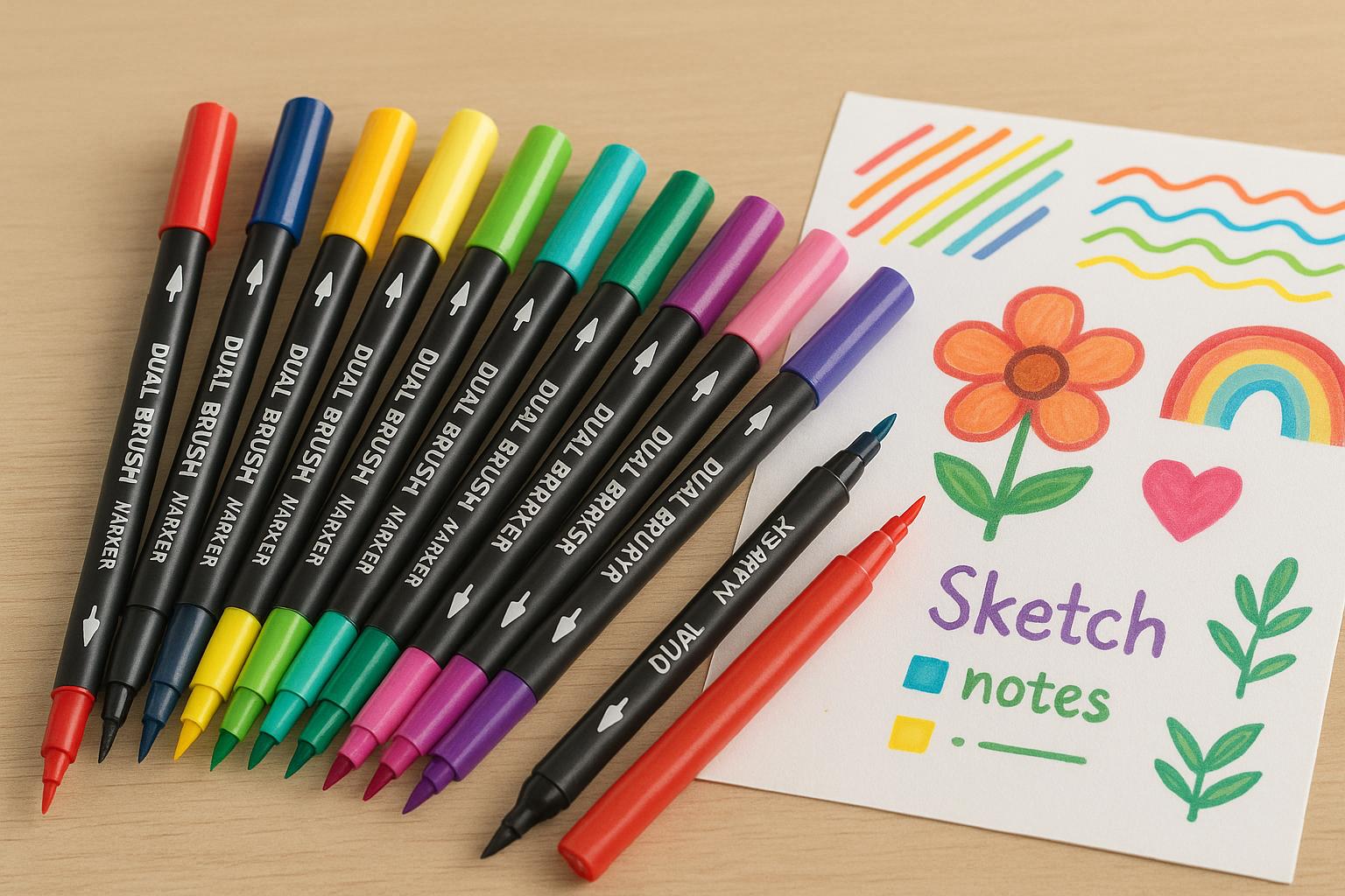 Kit Canetas Marcadoras com 12 Cores Ponta Dupla oferece cores vibrantes e versatilidade ideal para arte, estudo e organização com excelente custo-benefício. (imagem gerada com inteligência artificial)