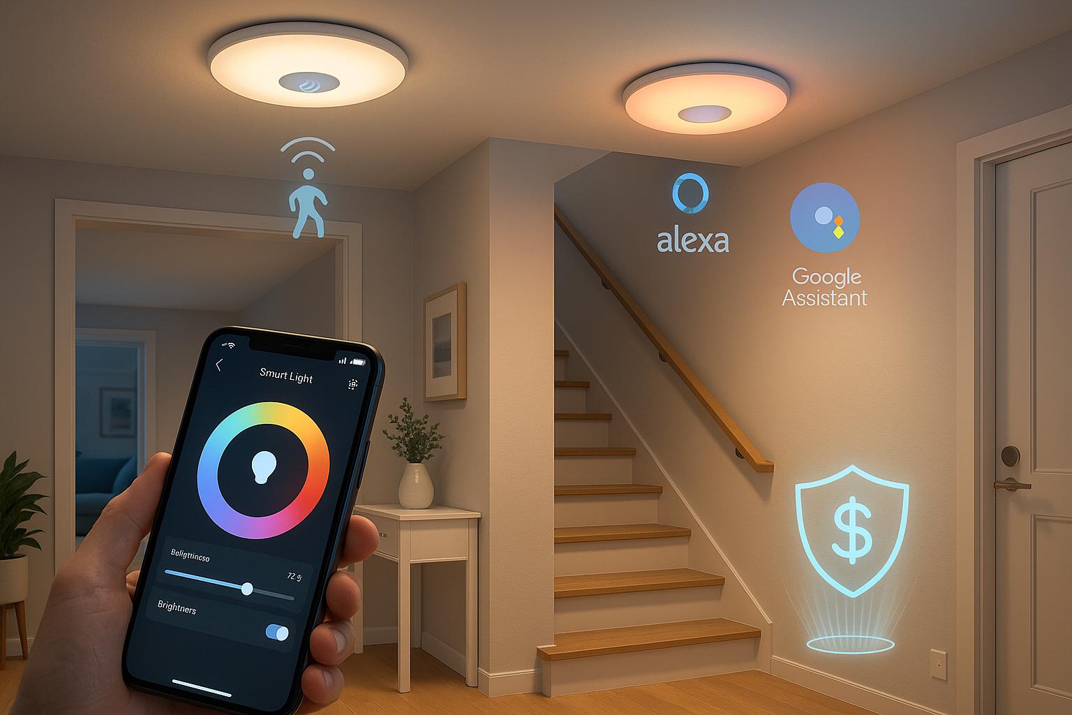 Luminárias LED inteligentes garantem segurança, economia e conforto, com controle automático via smartphone e sensores para iluminar seu ambiente eficientemente. (imagem gerada com inteligência artificial)