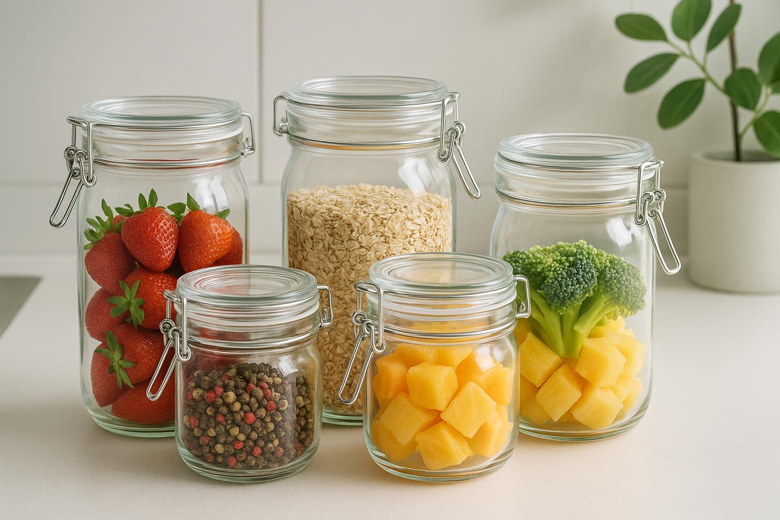 Potes de vidro herméticos garantem segurança, resistência e estilo no armazenamento, preservando alimentos com frescor e praticidade para o dia a dia. (imagem gerada com inteligência artificial)