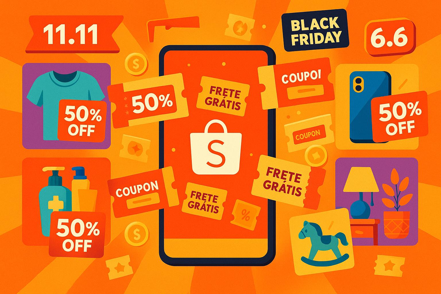 Produtos com até 50% de desconto e cupons na Shopee em 2025 para você aproveitar frete grátis, promoções especiais e economizar em todas as categorias. (imagem gerada com inteligência artificial)