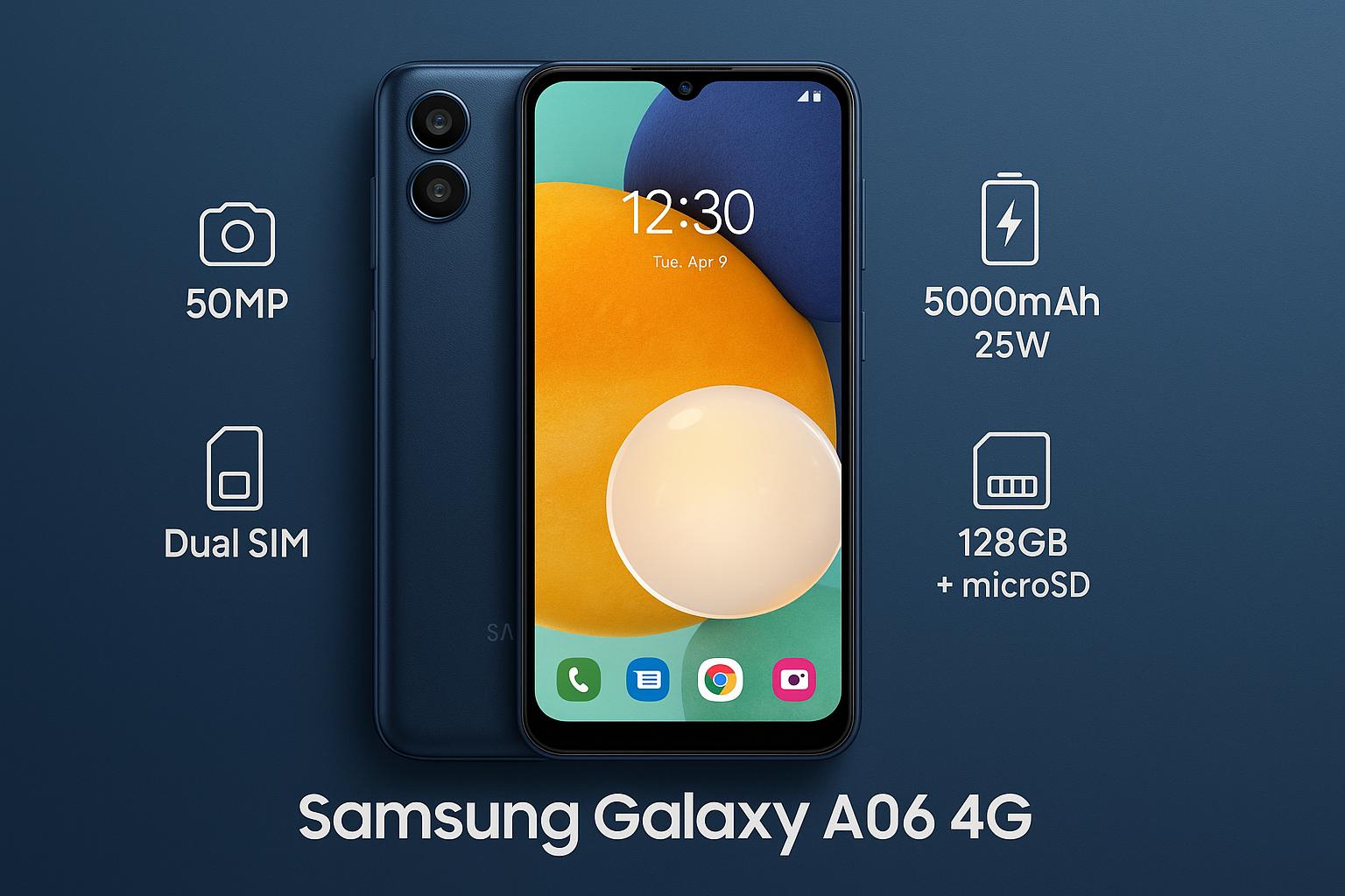 Samsung Galaxy A06 4G: smartphone com tela de 6,7”, 128GB, 4GB RAM e câmera 50MP, ideal para uso diário com bateria de longa duração. (imagem gerada com inteligência artificial)