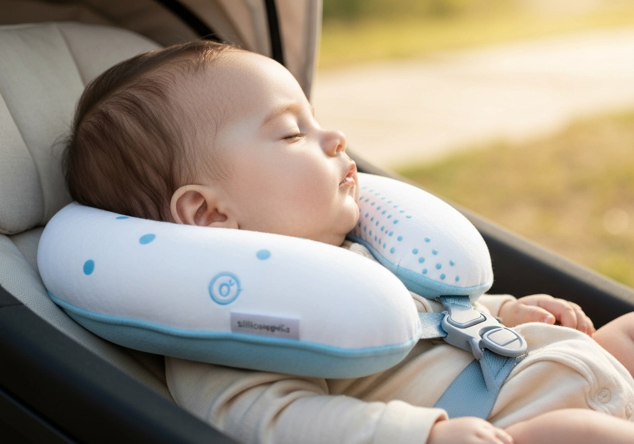 Almofada de pescoço com apoio de cabeça para bebê de 0 a 3 anos, em fibra siliconada antialérgica, garante conforto, estabilidade e segurança em cadeirinhas e carrinhos. (imagem gerada com inteligência artificial)