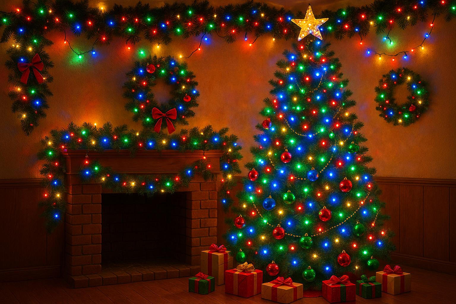 Decore seu Natal com o cordão de luz de 10m, 100 LEDs, 8 funções e cores variadas. Seguro, versátil e ideal para ambientes internos. Aproveite! (imagem gerada com inteligência artificial)