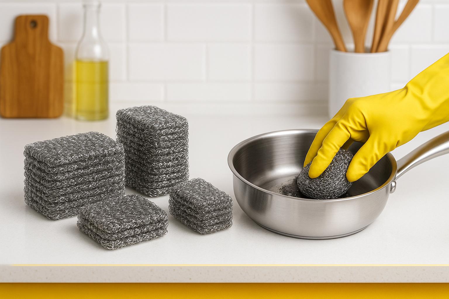 Kit de panos de limpeza em aço premium, disponível em kits de 6, 12, 18 ou 24 peças. Duráveis, reutilizáveis e ideais para limpar panelas, fogões e utensílios sem risco de risco. (imagem gerada com inteligência artificial)