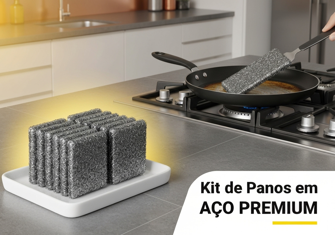 Kit de panos de aço inoxidável premium, 6 a 24 unidades, que removem gordura e sujeira profunda em panelas, fogões e louças. Reutilizáveis, duráveis e sustentáveis. (imagem gerada com inteligência artificial)