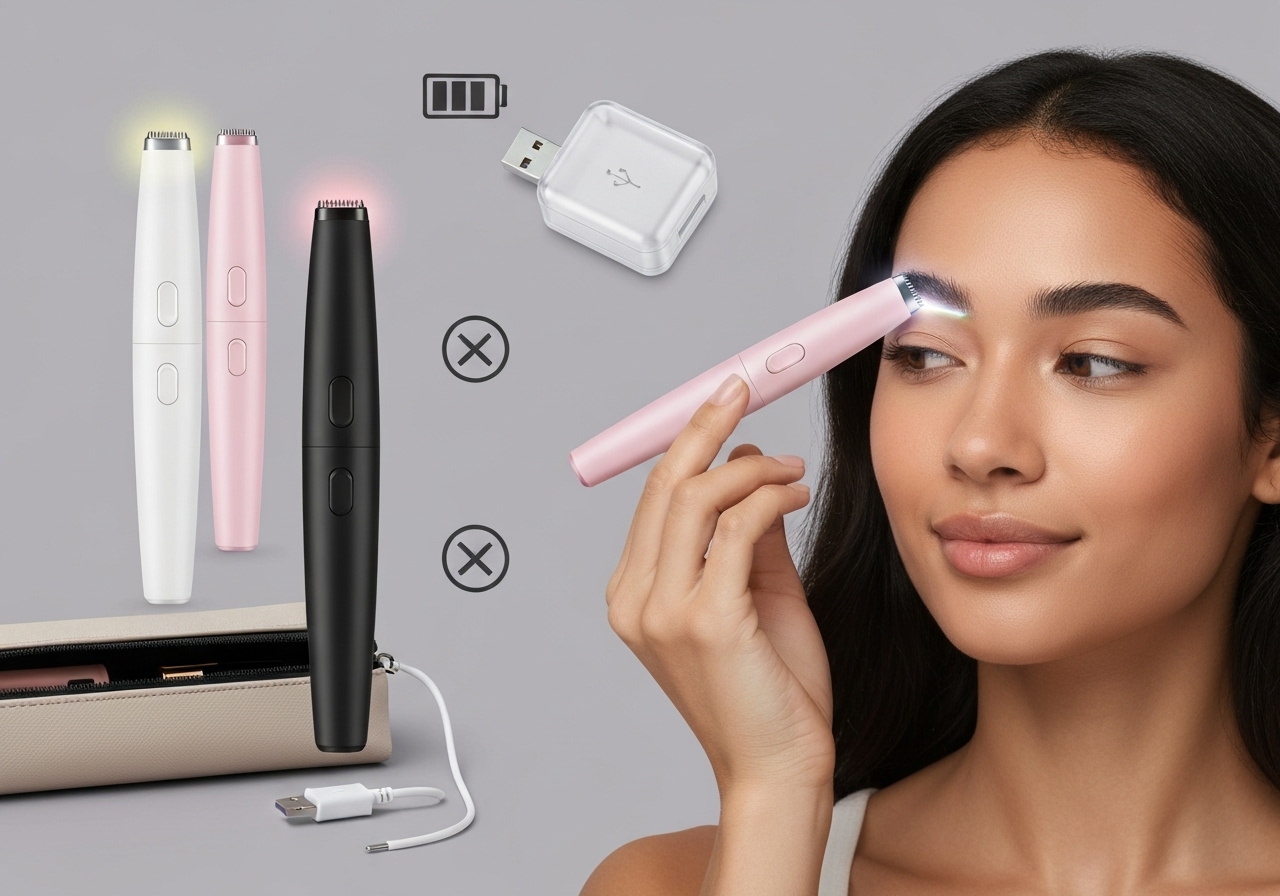 Kit depiladora caneta portátil e recarregável NS02: hipoalergênico, luz embutida, depilação instantânea e indolor, ideal para sobrancelhas e pelos faciais, versátil. (imagem gerada com inteligência artificial)