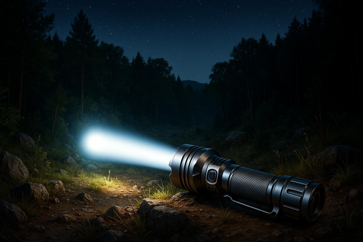 Descubra a Lanterna T9 P50, a mais potente do mercado, resistente, com 168000lm, alcance de 500m e 5 modos de luz, ideal para sítios, camping e segurança. (imagem gerada com inteligência artificial)