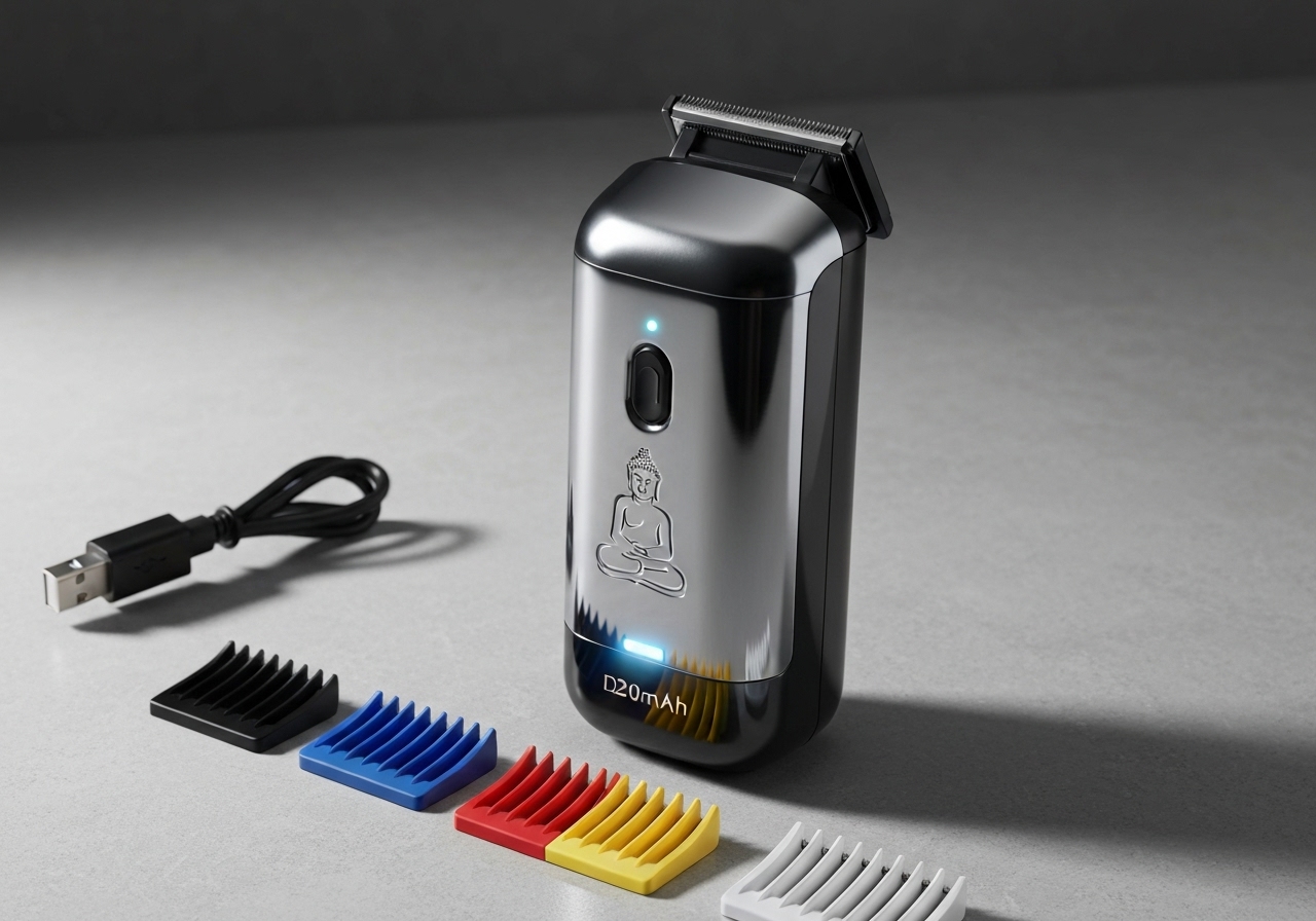 Máquina Dragão profissional: bateria 1200 mAh, 2 h de uso, motor 5 W, design todo em metal com Buda, recarga USB rápida – ideal para barbearias e uso doméstico. (imagem gerada com inteligência artificial)