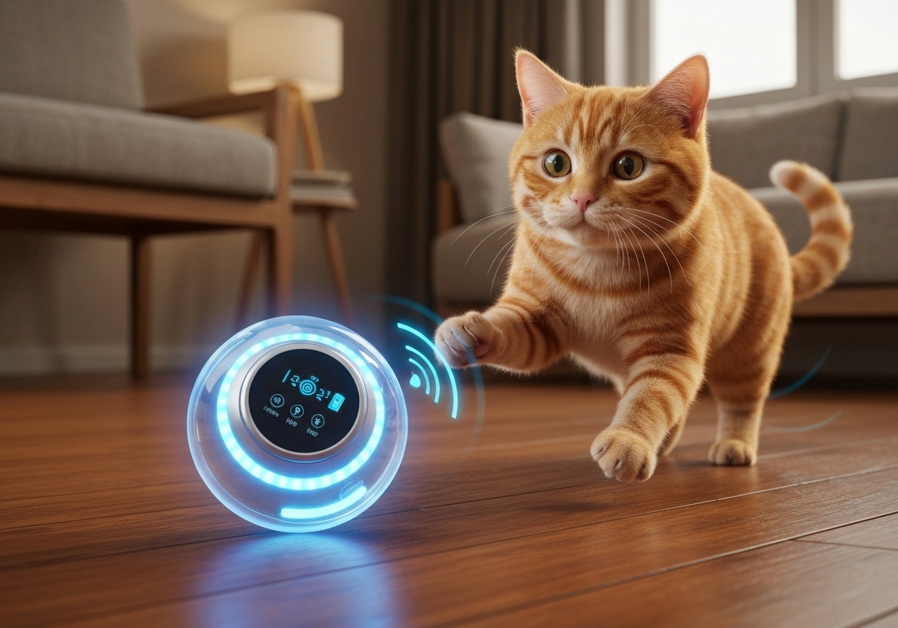 Oferta especial: Bola de brinquedo elétrica interativa com sensor de movimento para gatos. Auto-movimento, três modos, desligamento automático e bateria 5V/1A. R$15,99! (imagem gerada com inteligência artificial)