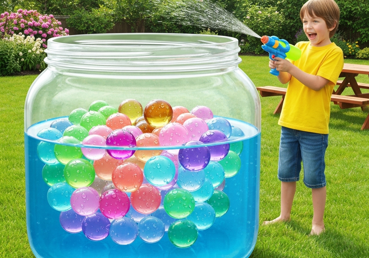 50.000 bolinhas de gel 7mm que crescem instantaneamente na água, prontas para diversão com armas de água. Fácil, segura e cheia de criatividade. (imagem gerada com inteligência artificial)