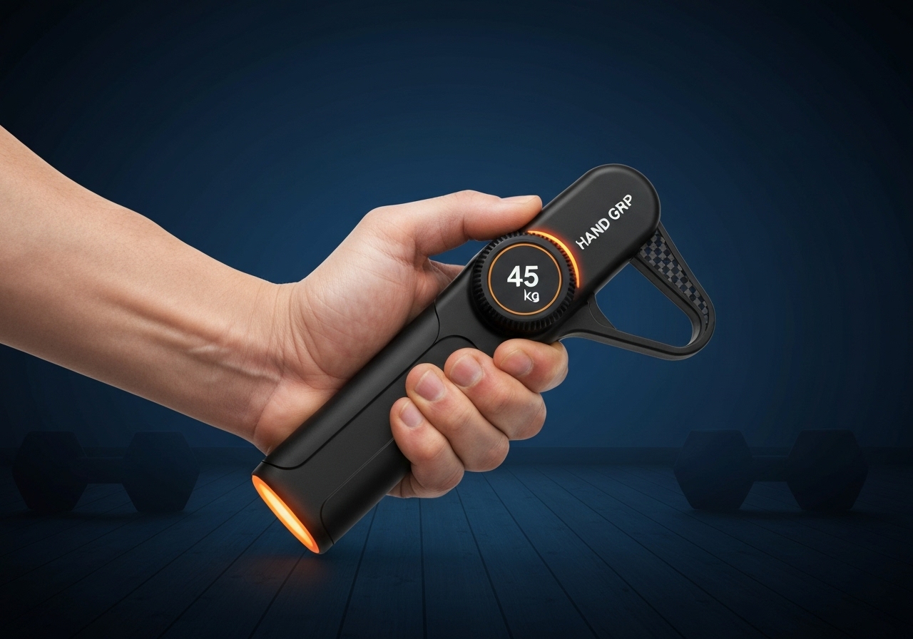 Aderência de mão Hand Grip 5‑60 kg: exercício leve de 160 g, corpo PP, estilingue carbono e cabo TPU. 100 reps por grupo, ideal para antebraço, dedos e reabilitação. (imagem gerada com inteligência artificial)