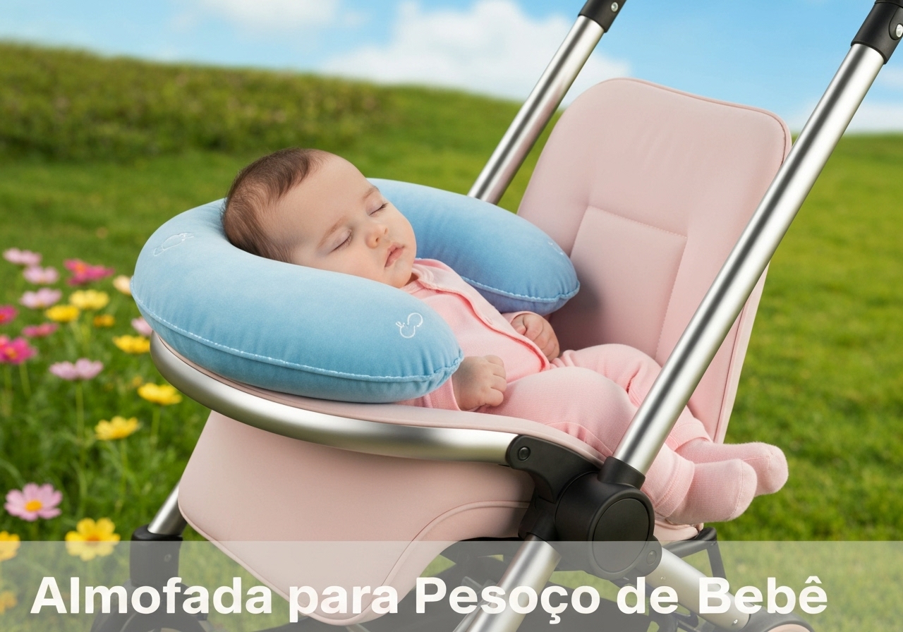 Almofada 0‑3 anos, 25×24 cm, fibra siliconada anti‑ácaro, apoio de cabeça para carrinho, bebê conforto e cadeirinhas. Conforto térmico, fácil limpeza, segurança total. (imagem gerada com inteligência artificial)