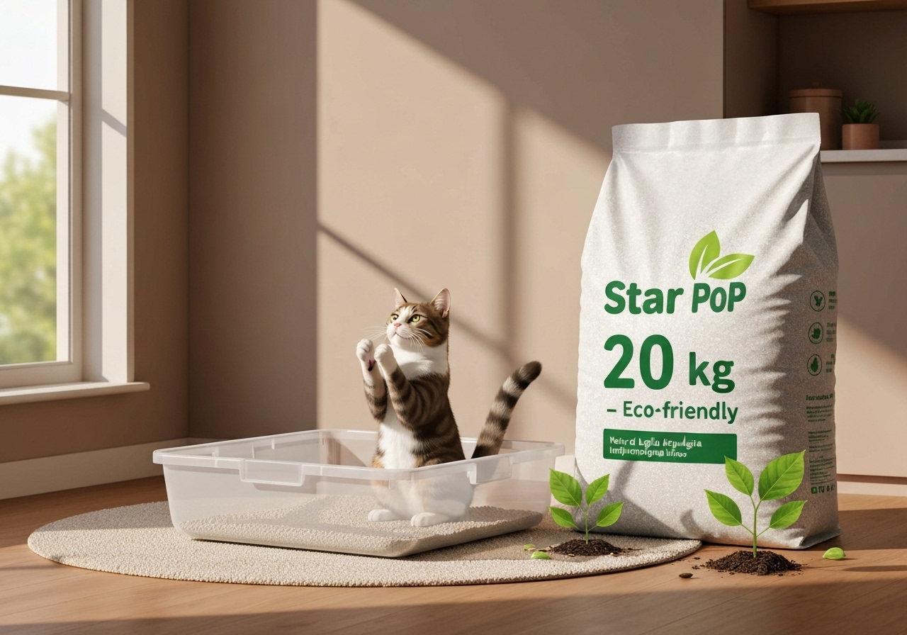 Areia sanitária 20kg, 100% argila atapulgita, eco‑friendly, absorção rápida, bloqueia odores, dura 4 semanas por gato – solução sustentável para pets. (imagem gerada com inteligência artificial)
