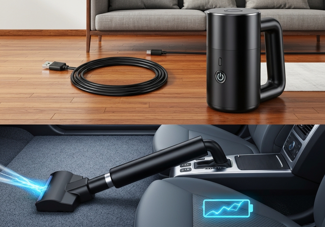 Aspirador portátil 120W, 5,5 Kpa, 2000 mAh – 30 min de autonomia, USB recarregável, 16,5×14,5×4 cm, ideal para casa e carro. Potência e praticidade em um só modelo. (imagem gerada com inteligência artificial)