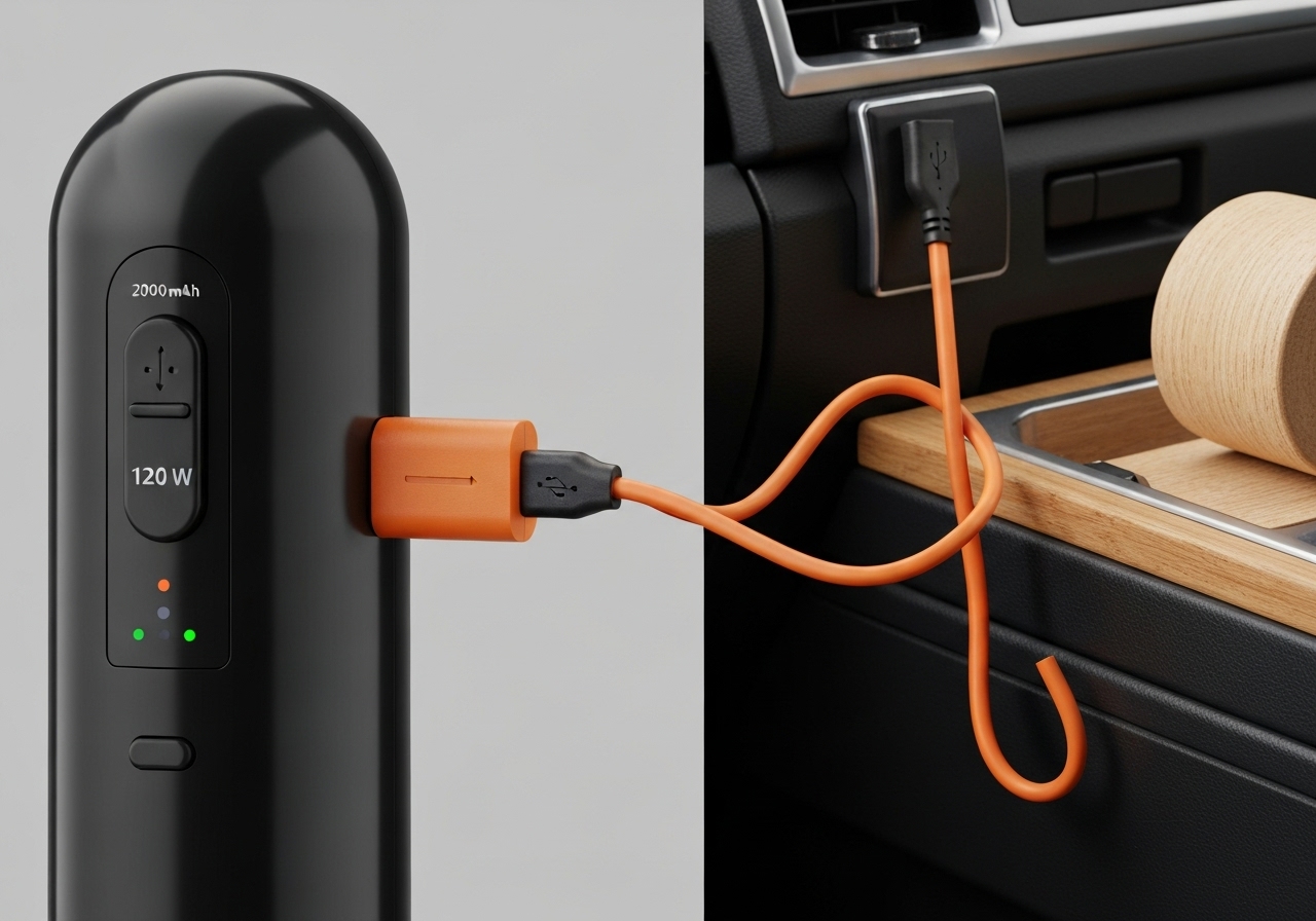 Aspirador portátil 120W, 5,5 Kpa, 2000 mAh – 30 min de autonomia, USB recarregável, 16,5×14,5×4 cm, ideal para casa e carro. Potência e praticidade em um só modelo. (imagem gerada com inteligência artificial)