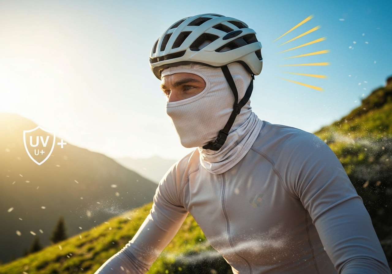 Balaclava de seda de leite com proteção UV 50+, respirável, elástica e leve, cobre cabeça, pescoço e rosto, bloqueia vento, poeira, insetos e sol. (imagem gerada com inteligência artificial)