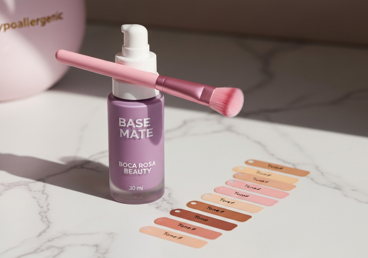 Base Mate Boca Rosa Beauty 30ml: cobertura alta, acabamento matte sem ressecar. Fórmula hipoalergênica, resistente à água, dura horas com efeito natural. (imagem gerada com inteligência artificial)