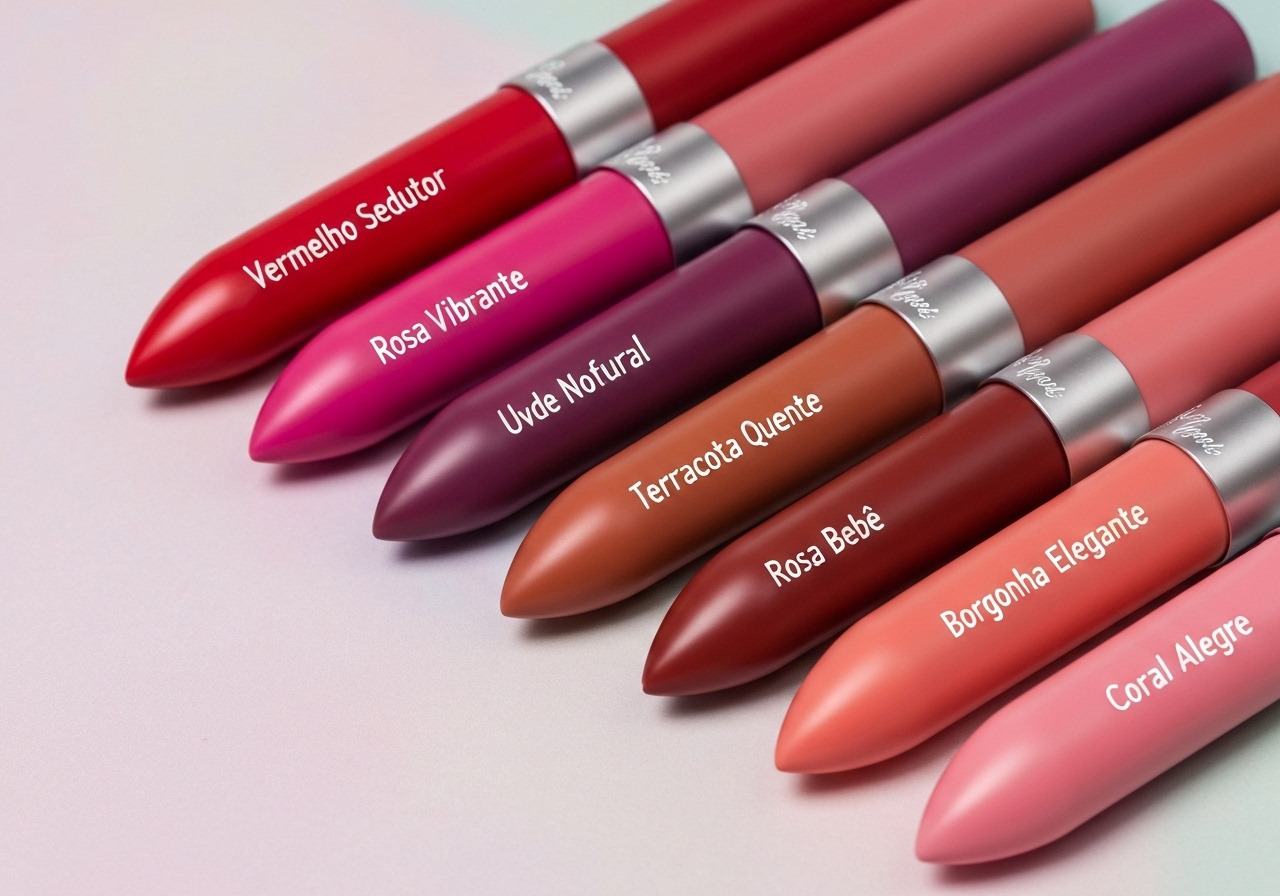 Batom Creamy Matte Glass Ruby Rose: 8 cores intensas, alta pigmentação, acabamento aveludado, longa duração, conforto sem ressecamento, embalagem prática. (imagem gerada com inteligência artificial)