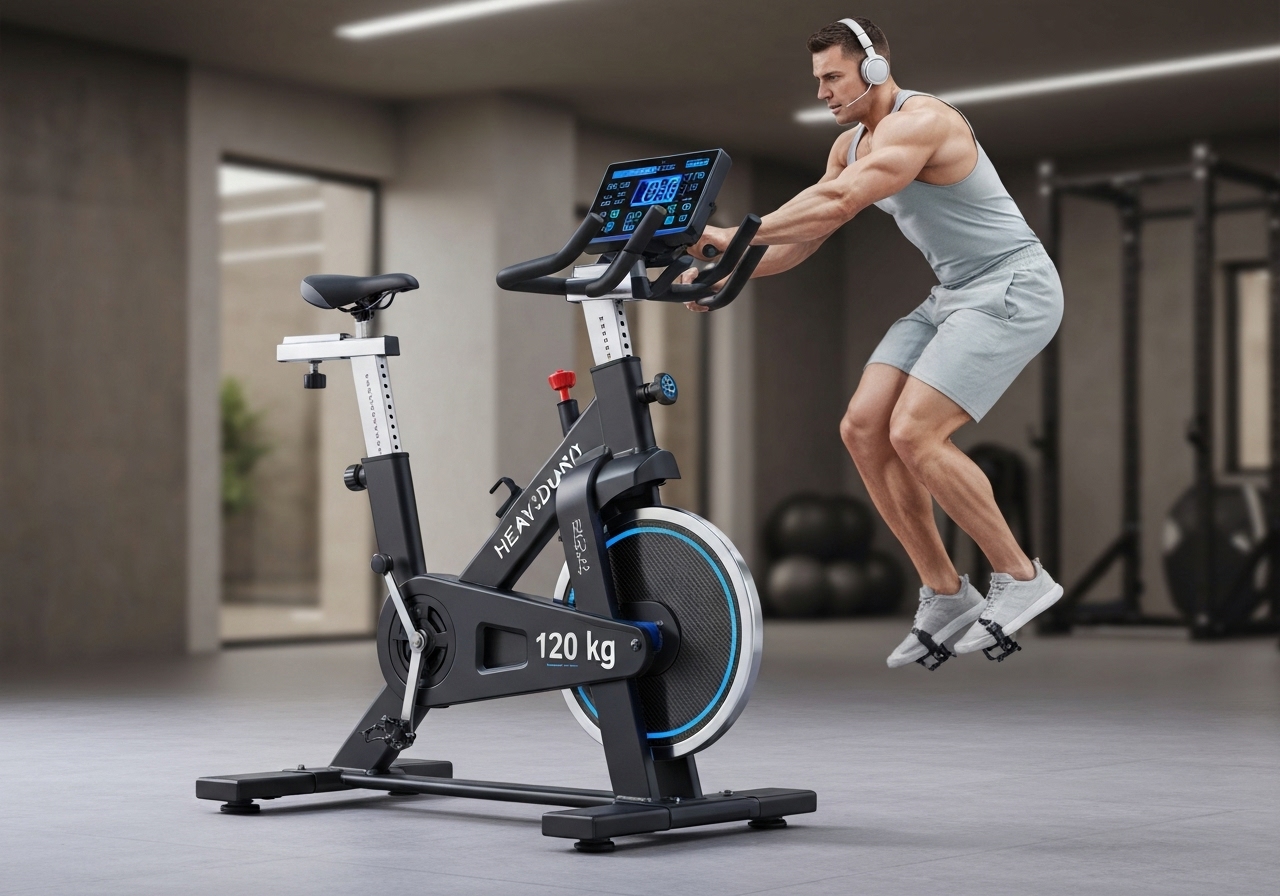 Bicicleta ergométrica spinning de 120 kg, ajustável em altura, intensidade, monitor digital e sistema silencioso – ideal para treino em casa ou academia. (imagem gerada com inteligência artificial)
