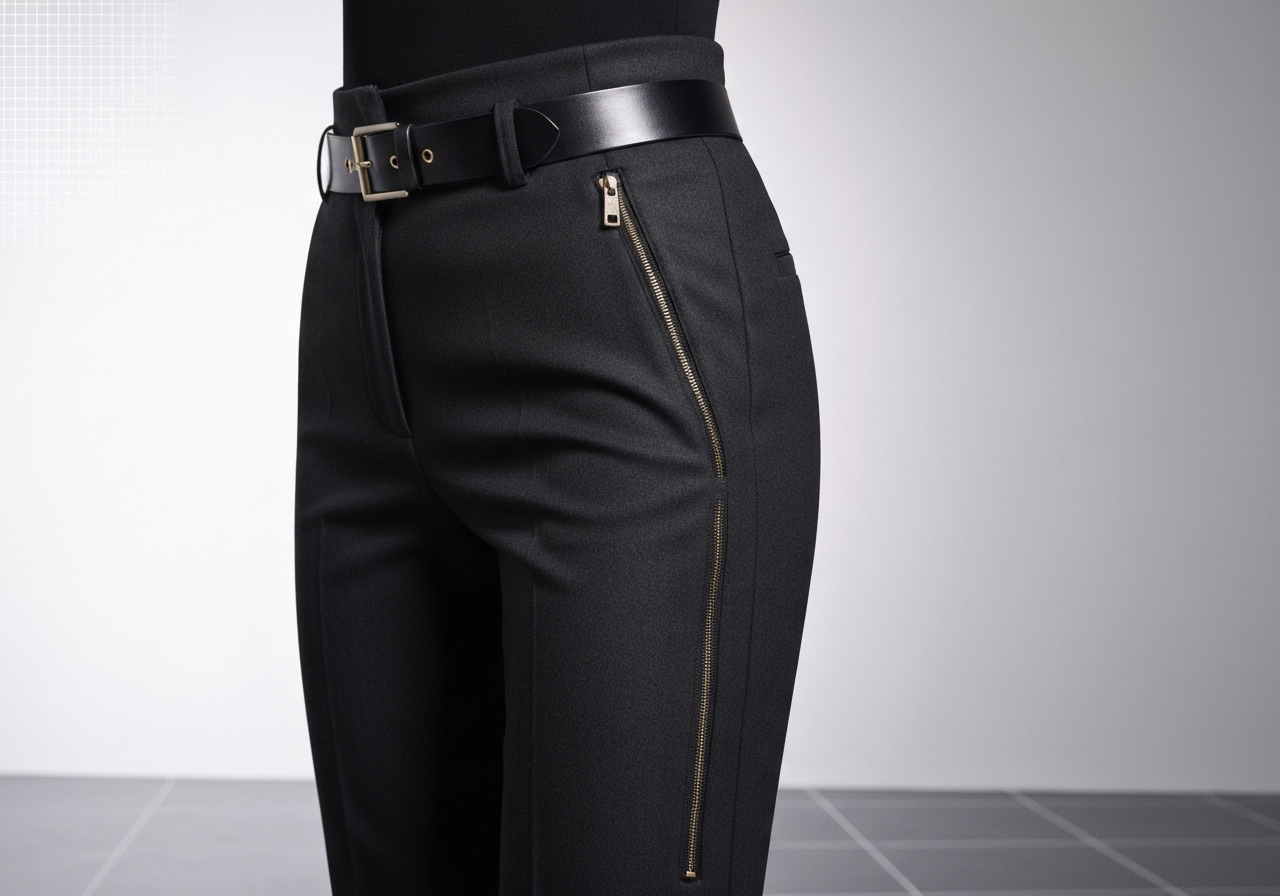 Calça feminista de alfaiataria 2025/26 com cintura alta, zíper lateral e cintura de couro. Elegância, conforto e versatilidade para trabalho e eventos. (imagem gerada com inteligência artificial)