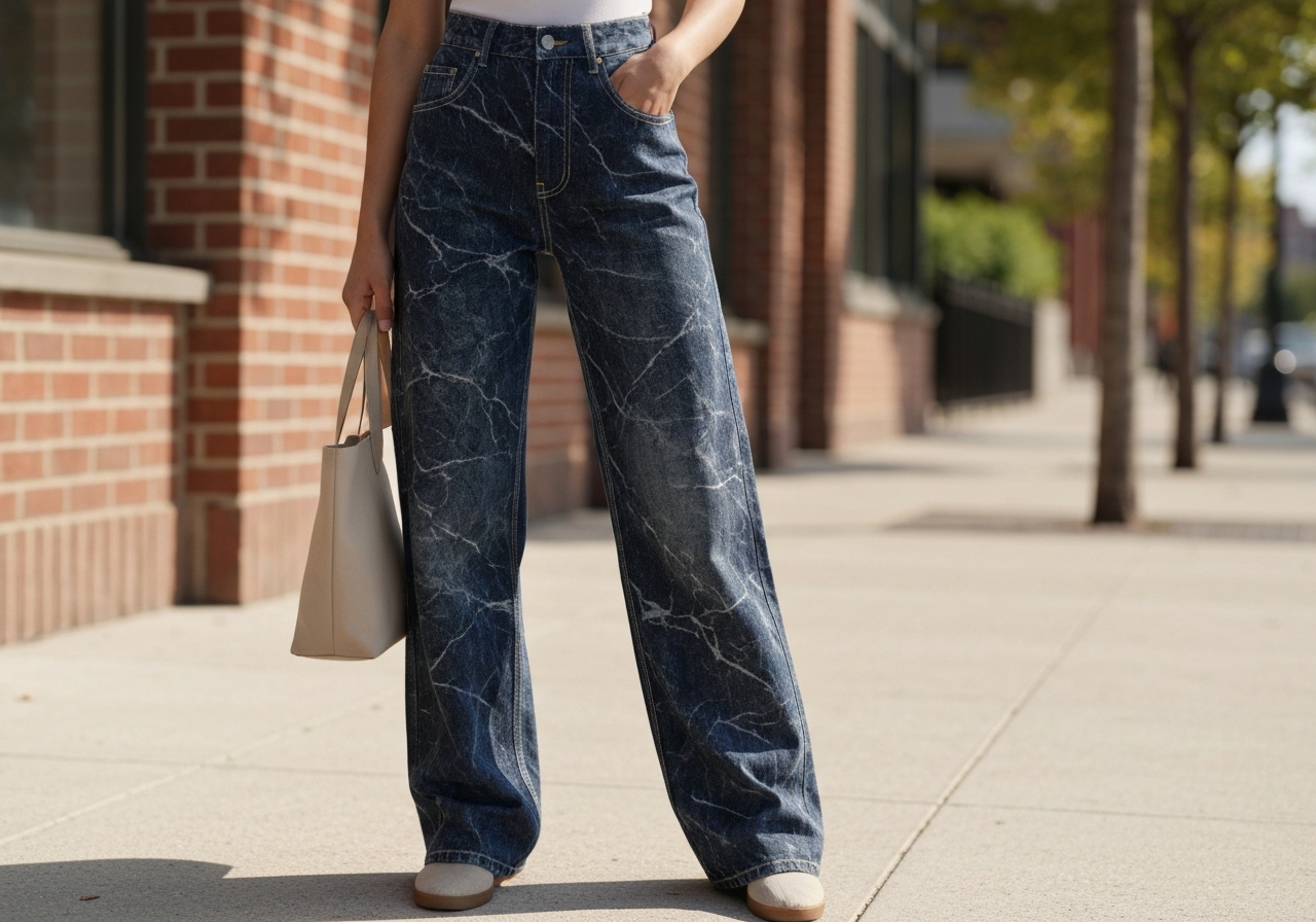 Calça jeans wide leg marmorizada, cintura alta e sem lycra, com denim encorpado que garante durabilidade e conforto. Envio imediato e frete grátis. (imagem gerada com inteligência artificial)