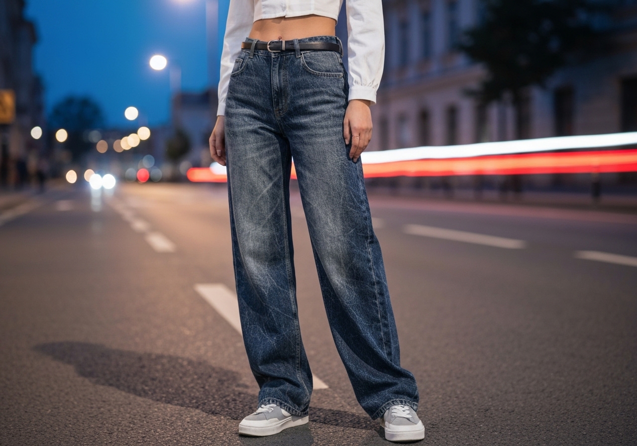 Calça Jeans Wide Leg Gaven, cintura alta, tecido grosso 100% algodão, sem elastano, estrutura firme, durável, entrega em 24h, preço justo. (imagem gerada com inteligência artificial)