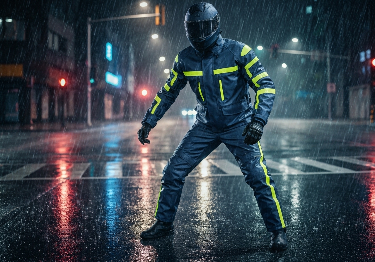 Conjunto impermeável e reforçado para motoqueiros: jaqueta e calça com PVC, elástico e zíper, faixas refletivas, conforto e segurança em chuva intensa. (imagem gerada com inteligência artificial)