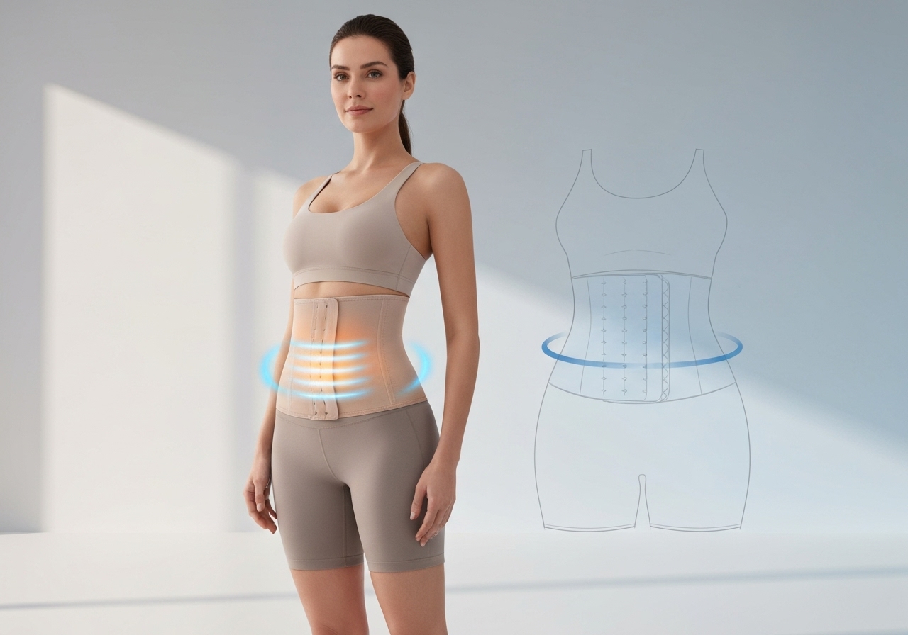 Cinta modeladora invisível: compressão ajustável que reduz medidas, melhora postura e acelera recuperação pós‑parto, conforto e anti‑marcação. (imagem gerada com inteligência artificial)