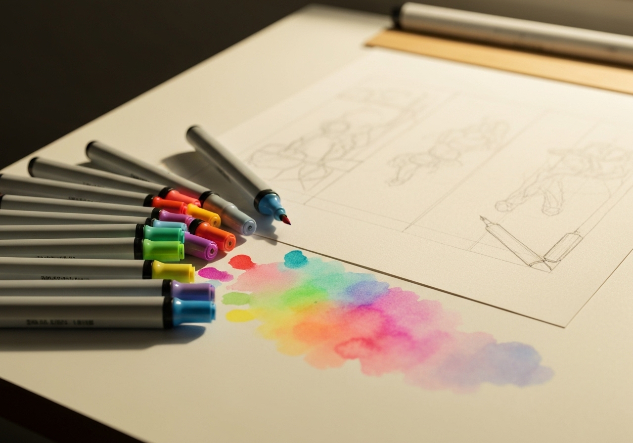 Descubra o conjunto de marcadores de ponta dupla: 24 a 80 cores vibrantes, base oleosa, lavável e livre de cheiro, ideal para crianças e artistas profissionais. (imagem gerada com inteligência artificial)