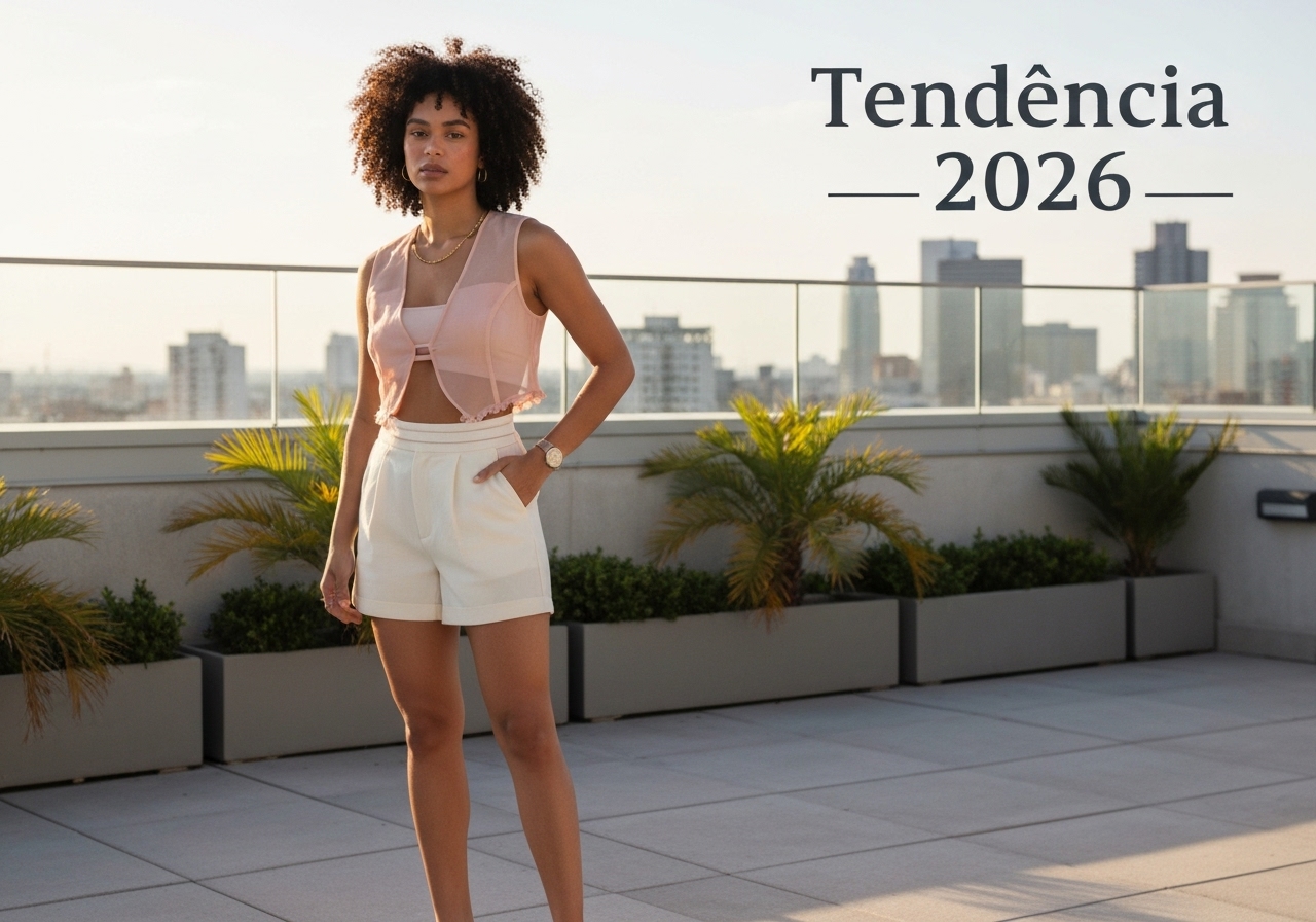 Conjunto Helena: shorts + colete, tendência 2026, em promoção de R$52,99 a R$62,50 (58% OFF). Modelos M, G, GG, tecido leve e atemporal. (imagem gerada com inteligência artificial)