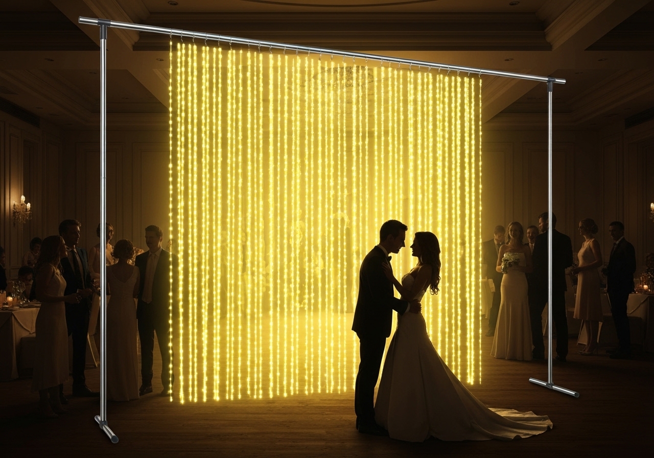 Ilumine festas, casamentos e jardins com a cortina de 300 LEDs amarelos, 3x3m, controle remoto, 8 modos, timer, IP67, alimentação USB e 3x3 metros de charme, perfeita para qualquer evento. (imagem gerada com inteligência artificial)