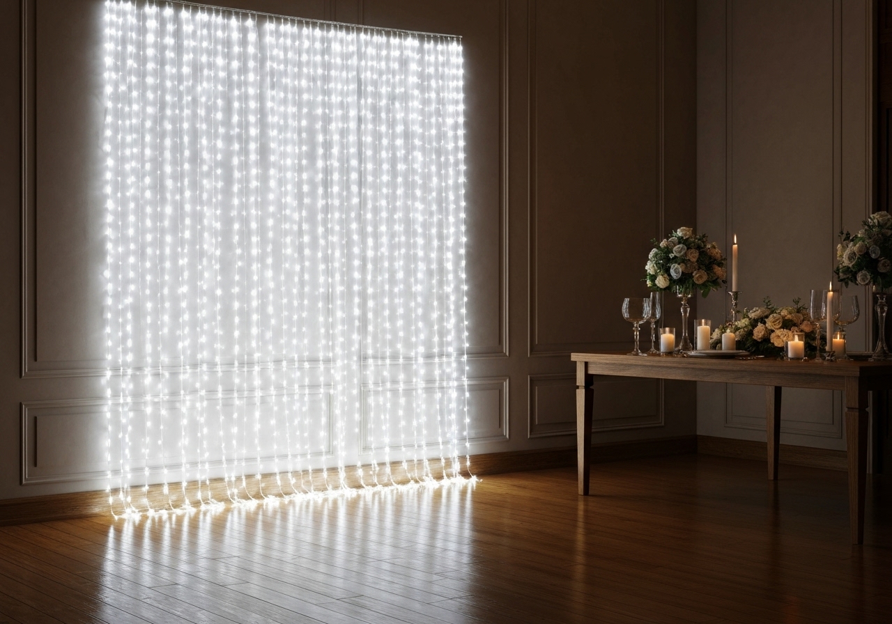 Transforme festas, casamentos e Natal com a cortina de luz branca 3x3m e 300 LEDs. Controle remoto com 8 modos, temporizador e IP67, perfeita para interiores e exteriores. (imagem gerada com inteligência artificial)