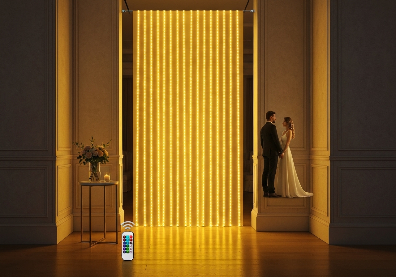 Cortina LED 300 Leds 3x3m em amarelo, controle remoto e 8 modos de luz, ideal para casamentos, festas, Natal e eventos ao ar livre. Alimentação USB, IP67. (imagem gerada com inteligência artificial)