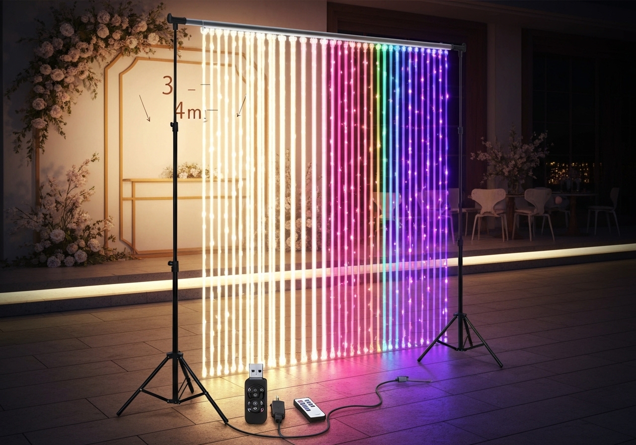 Cortina LED 300 LEDs, 3x2/3x3/3x4m, branco quente/frio e colorido. 8 modos de luz, controle remoto, USB, temporizador, IP67 impermeável. Festas, casamentos e Natal. (imagem gerada com inteligência artificial)