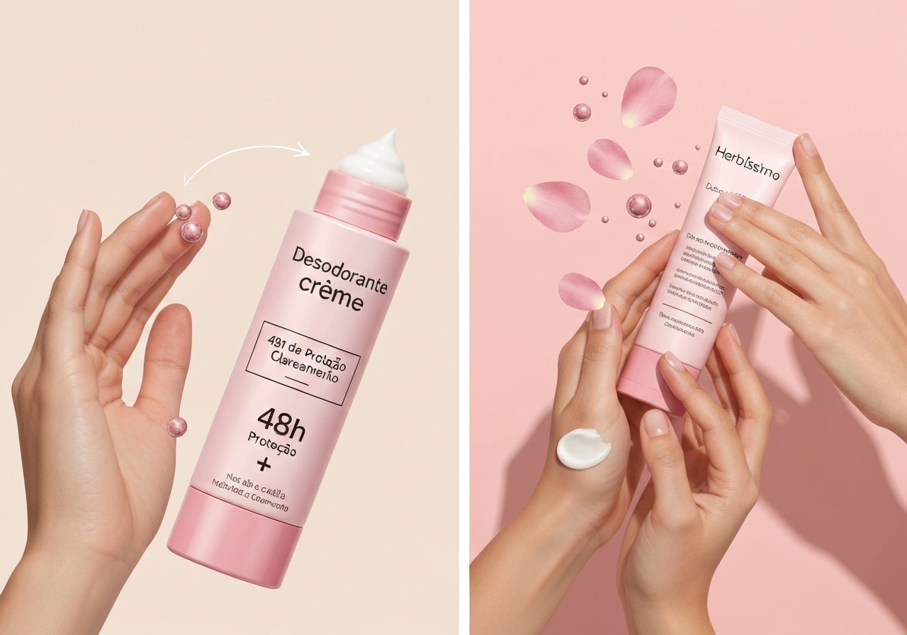 Desodorante creme herbíssimo com rosa mosqueta e niacinamida: 48h anti-suor, clareia axilas, hidrata, não deixa resíduos e mantém frescor. (imagem gerada com inteligência artificial)