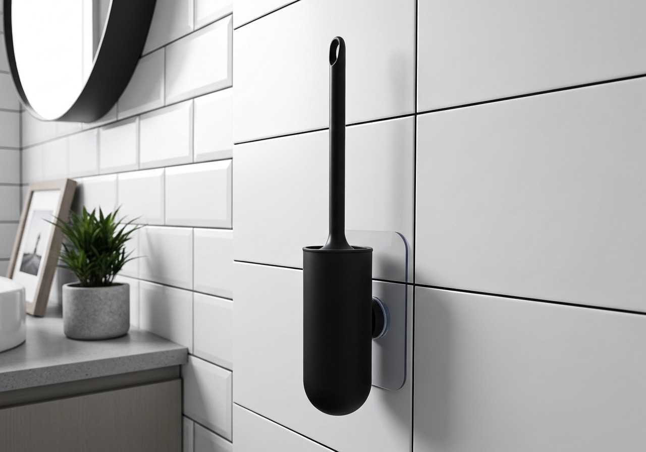 Escova sanitária de silicone com suporte adesivo: higieniza rapidamente, não ocupa espaço, não faz furos, é resistente, ergonômica e elegante. (imagem gerada com inteligência artificial)