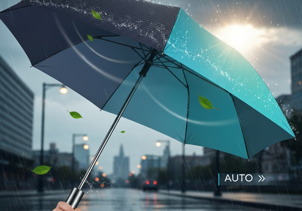 Descubra o novo guarda‑chuva automático: alta resistência a chuvas fortes, vento potente e proteção UV. Design compacto, abertura rápida e cores surpresa. (imagem gerada com inteligência artificial)