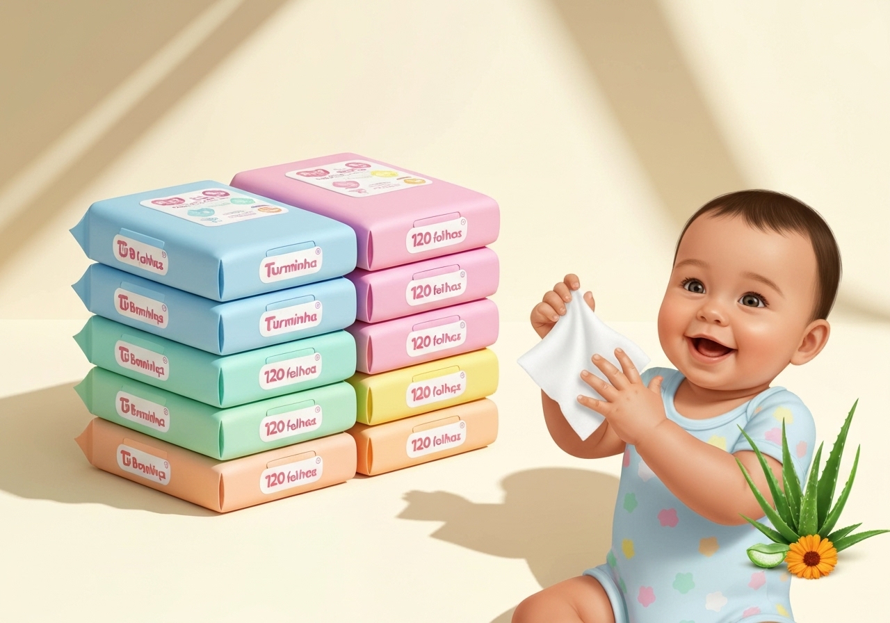 Kit 10 pacotes, 120 folhas cada, flip‑top, hipoalergênico, dermatologicamente testado, com Aloe Vera e Calêndula para pele sensível. (imagem gerada com inteligência artificial)