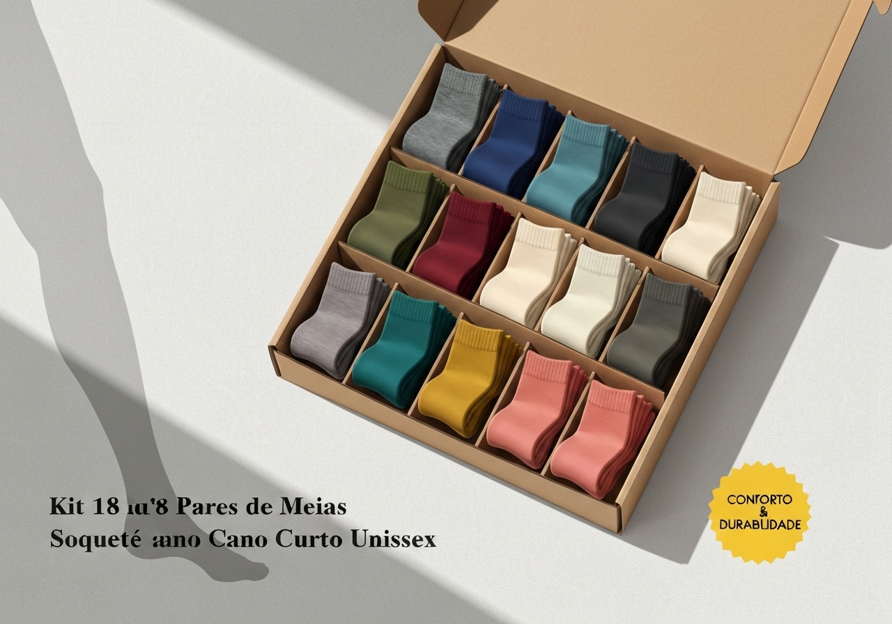 Kit 18 pares de meias soquete cano curto, unissex, poliéster + algodão + elastano. Conforto, durabilidade e estilo para trabalho e lazer. (imagem gerada com inteligência artificial)