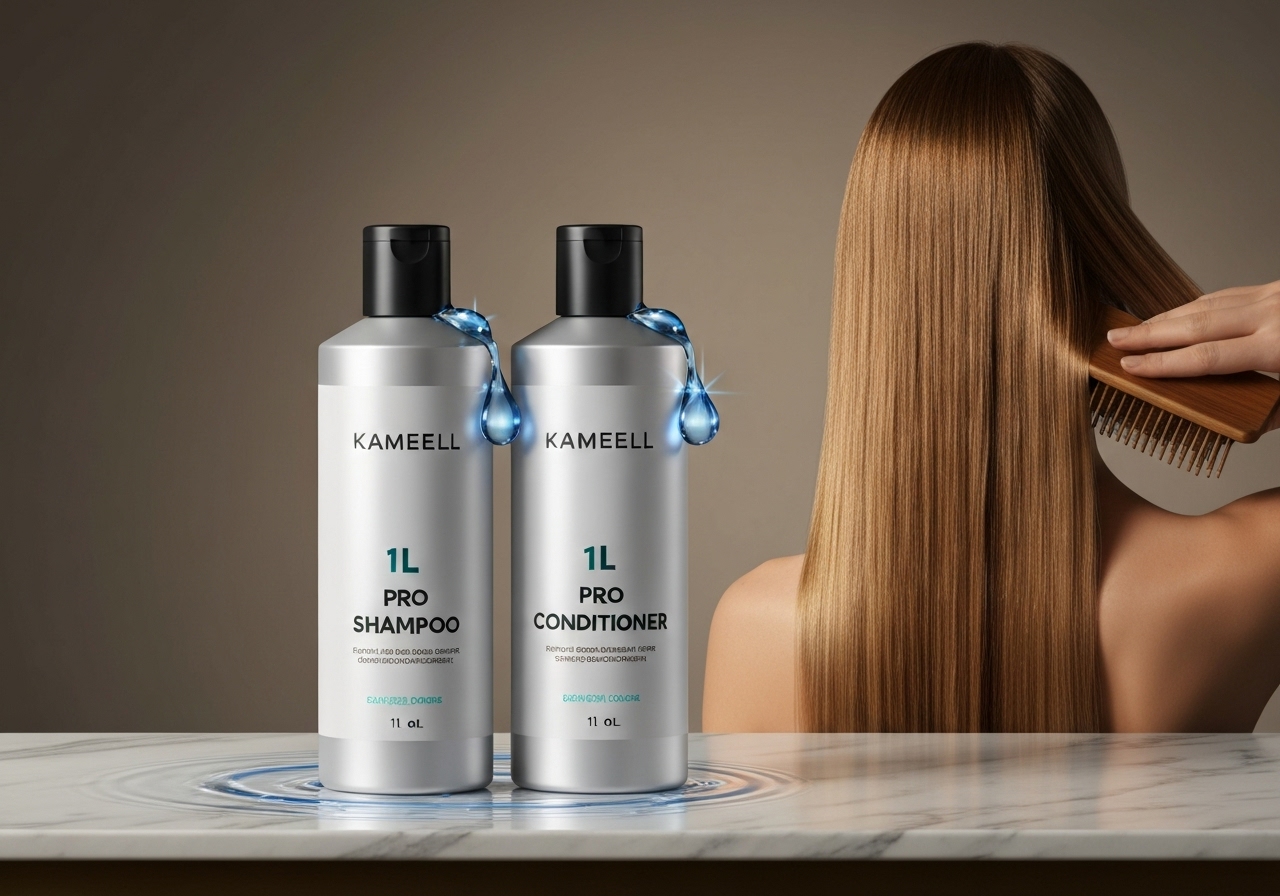 Kit 1L Shampoo + Condicionador Kameell: hidratação profunda, brilho intenso, frizz controlado, colágeno e queratina para fios fortes e sedosos. Uso diário profissional. (imagem gerada com inteligência artificial)
