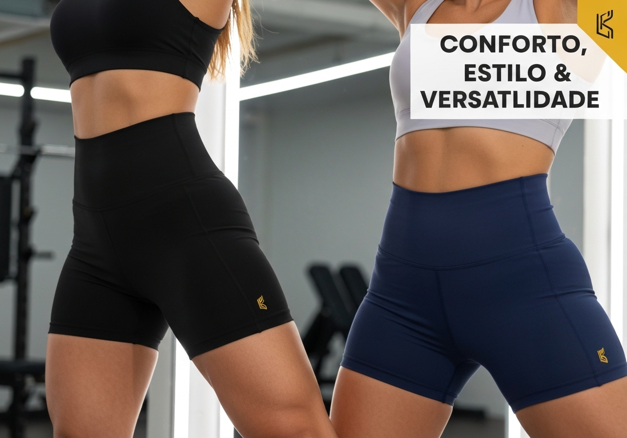 Kit 3 shorts femininos liso, bermudinha cintura alta, 92% poliéster + 8% elastano: conforto, modelagem perfeita, tamanhos P a G1, ideal para treino e dia a dia. (imagem gerada com inteligência artificial)