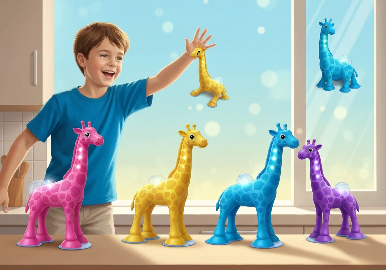 Kit 4 girafas pop‑it com luz LED, estica e gruda, perfeita para brincadeiras interativas. Frete grátis e entrega em 24h. Promoção imperdível! (imagem gerada com inteligência artificial)