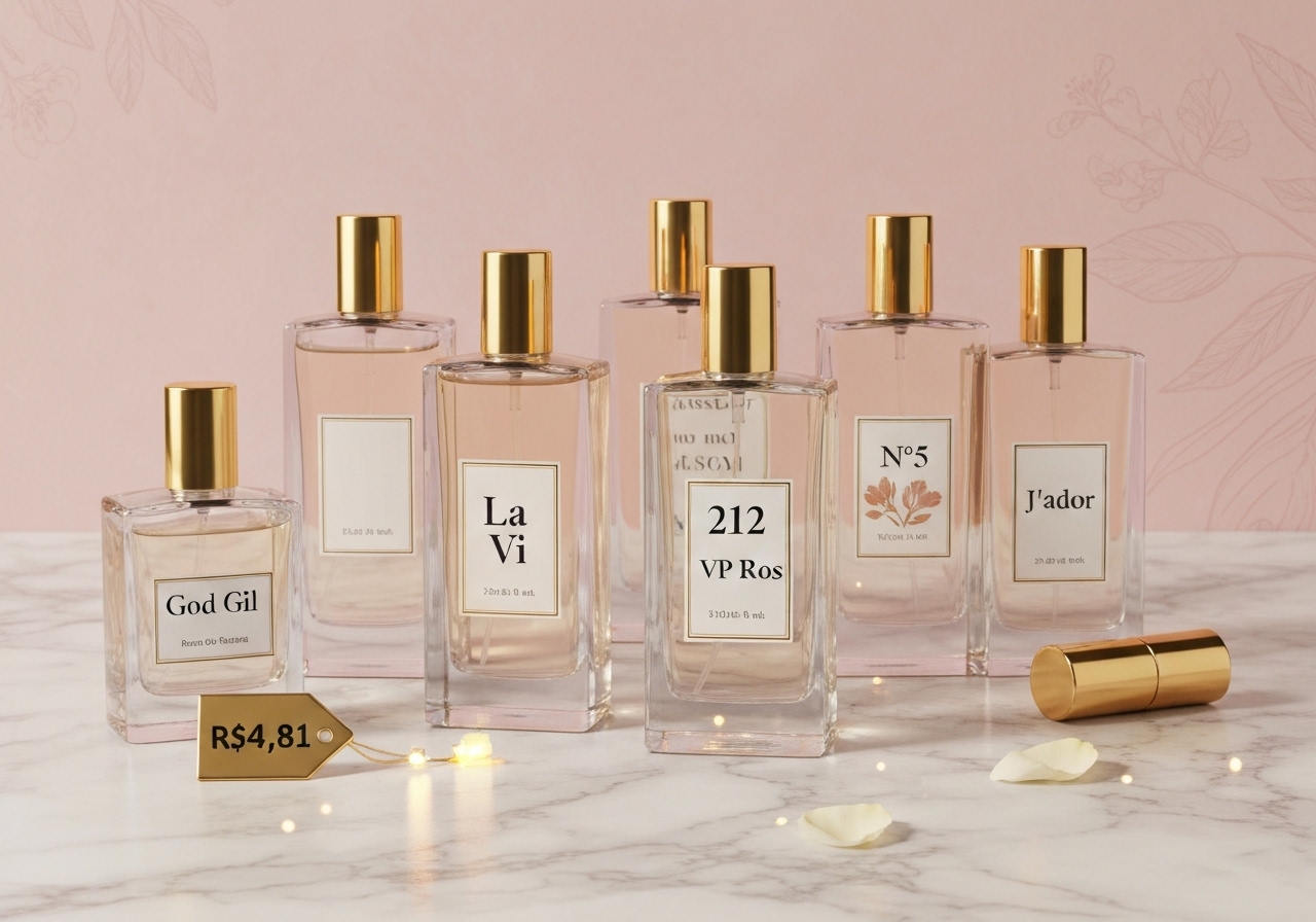 Descubra o Kit 6 Perfumes Femininos: God Gil, La Vi, N°5, Scanda, 212 VP Ros e J'ador, com aromas florais, jasmim e musk. Preço promocional R$41,81 (3x R$13,94). (imagem gerada com inteligência artificial)