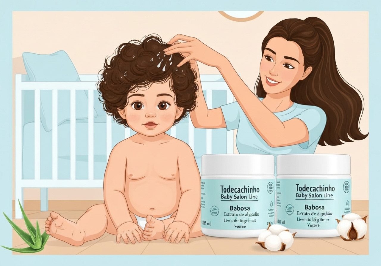 Kit com 2 Cremes #Todecachinho Baby Salon Line (300ml cada) funciona como condicionador e co‑wash, hidratando desembaraçando cabelos 0‑3 anos com babosa e hipoalergênico. (imagem gerada com inteligência artificial)
