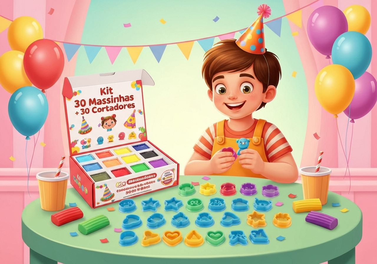 Kit completo de 30 massinhas coloridas + 30 cortadores de 5cm para criar lembrancinhas de aniversário. Envio em até 24h, diversão garantida para crianças. (imagem gerada com inteligência artificial)