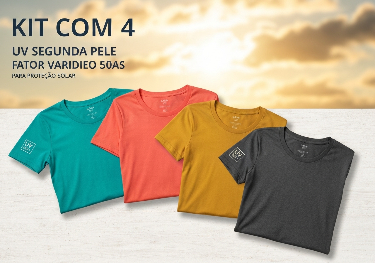 Kit com 4 camisetas UV Segunda Pele, FPS 50+, tecido Dry Fit leve e confortável, ideal para trilhas, praia e academia, em cores variadas. (imagem gerada com inteligência artificial)