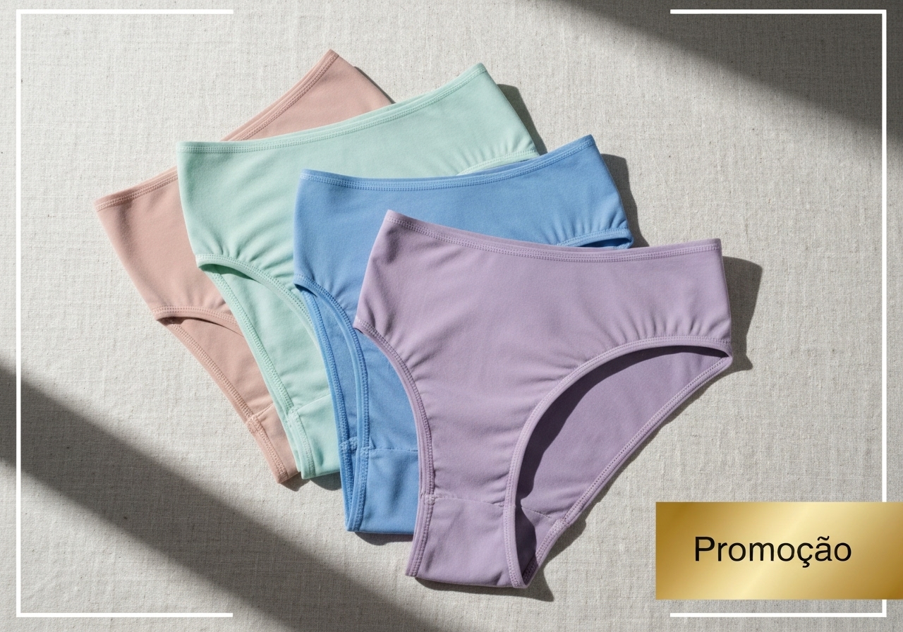 Kit de 5 calcinhas tanga sem costura, corte a laser, em promoção, que não marcam sob roupas finas. Conforto, respirabilidade e estilo discreto para o dia a dia. (imagem gerada com inteligência artificial)