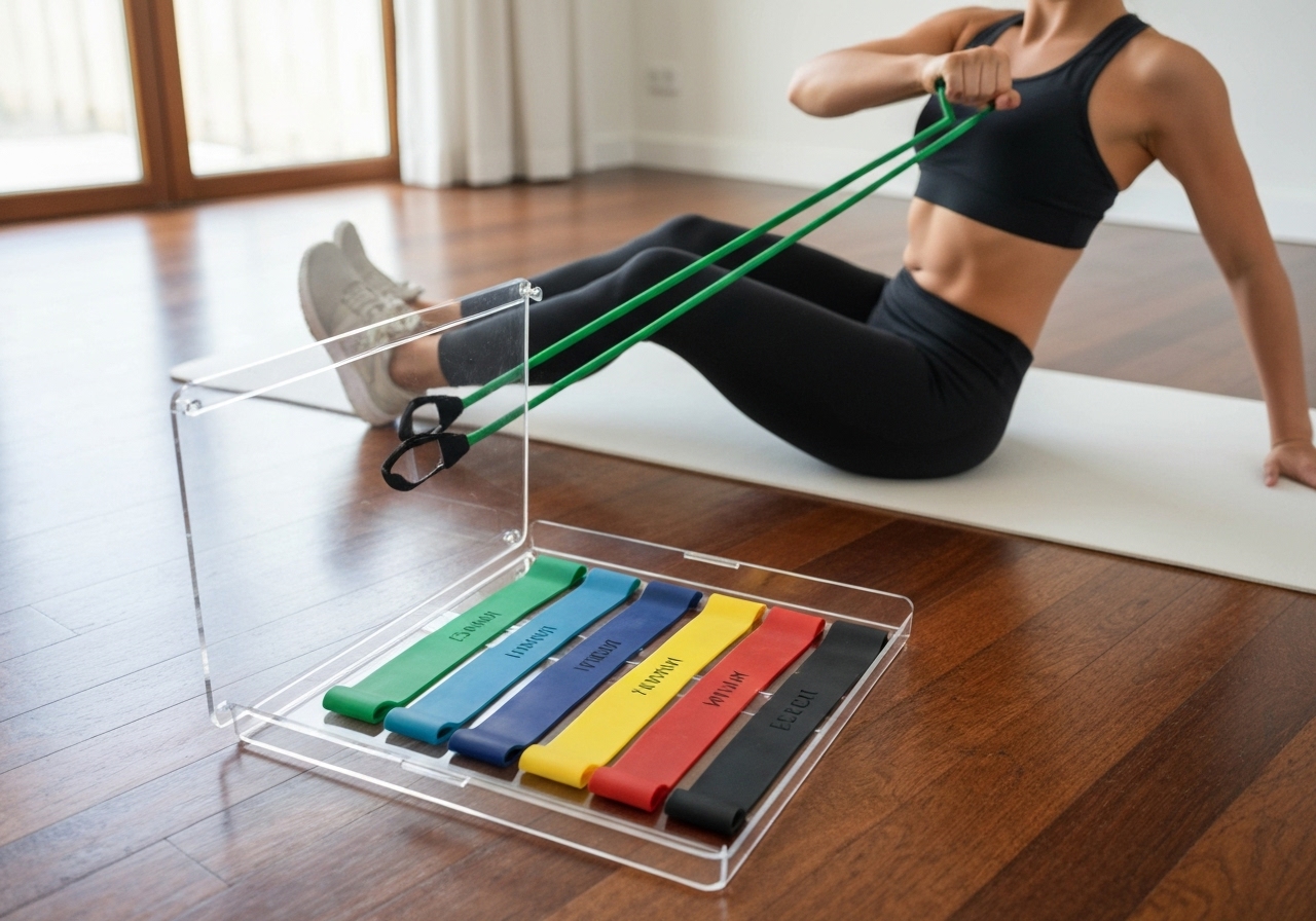Kit com 5 faixas elásticas coloridas (verde, azul, amarelo, vermelho e preto) para treino de força, alongamento e reabilitação em casa ou academia. Frete grátis. (imagem gerada com inteligência artificial)