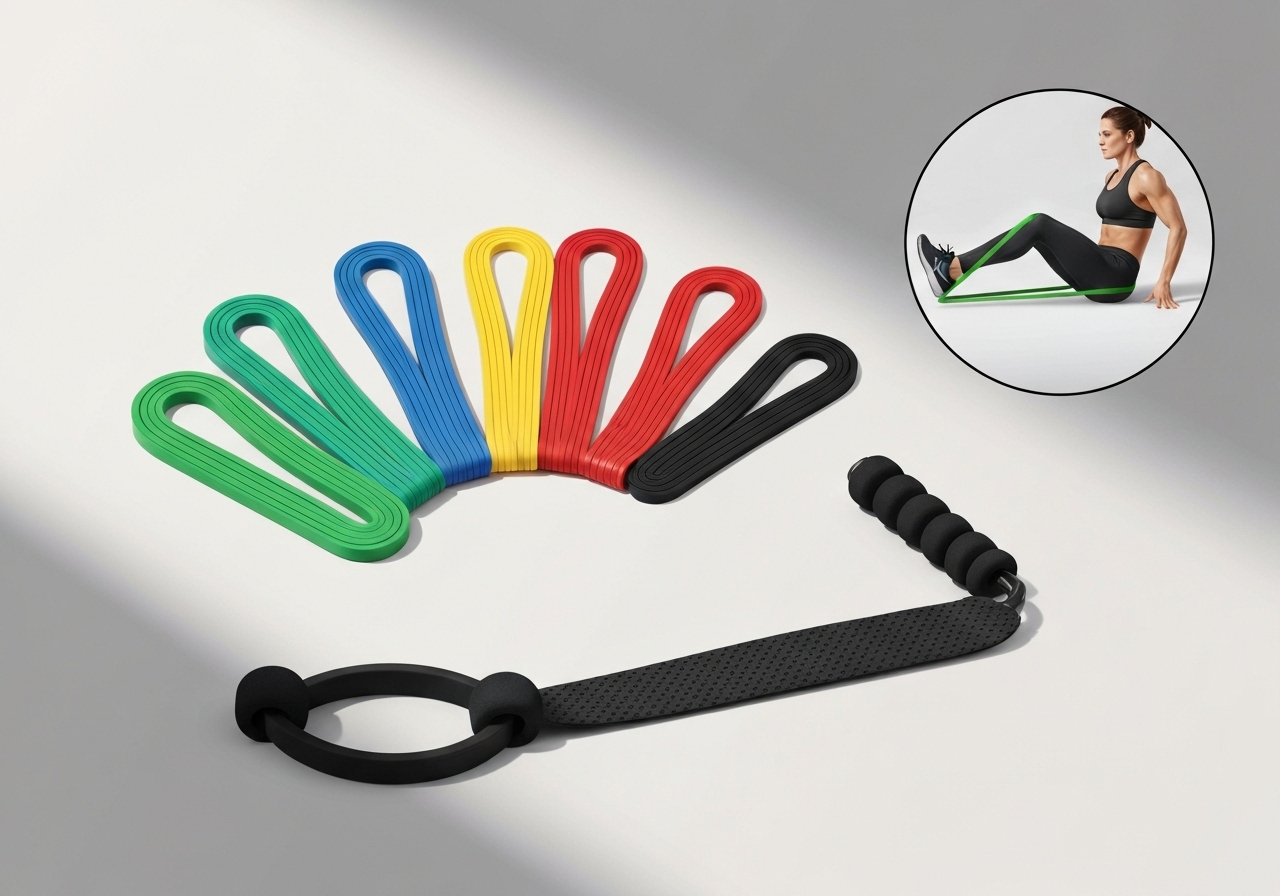 Kit com 5 mini bands + elástico tensionador, 1,8‑13,6 kg: versátil para treinos funcionais, musculação, fisioterapia e yoga, ideal em casa. (imagem gerada com inteligência artificial)